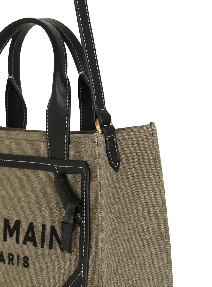 Balmain BArmy Small Tote Bag In Canvas And Leather Khaki Women Handbags
