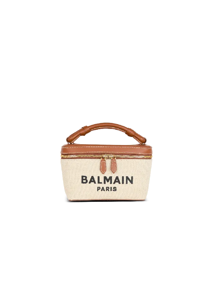 Balmain BArmy Vanity Case In Canvas And Leather Beige Women Handbags