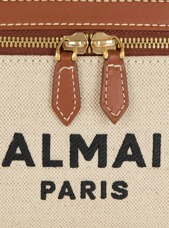Balmain BArmy Vanity Case In Canvas And Leather Beige Women Handbags