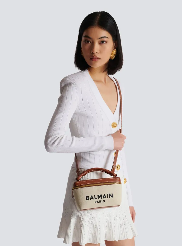 Balmain BArmy Vanity Case In Canvas And Leather Beige Women Handbags