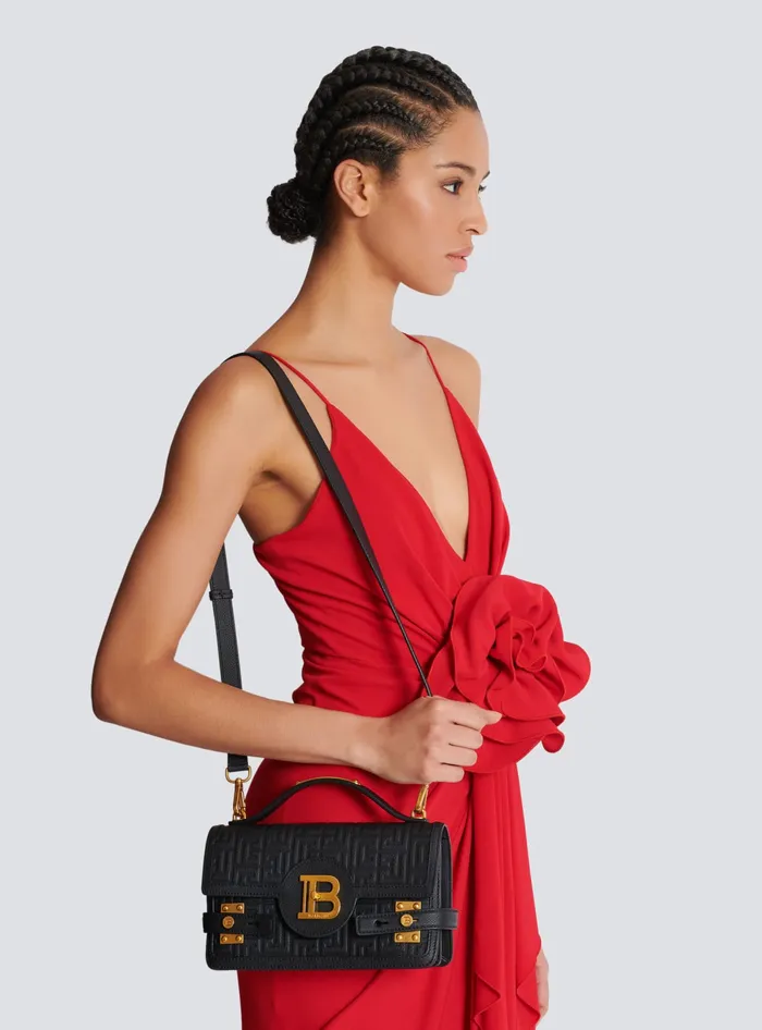 Balmain BBuzz 24 Grained Monogram Leather Shoulder Bag Black Women Handbags