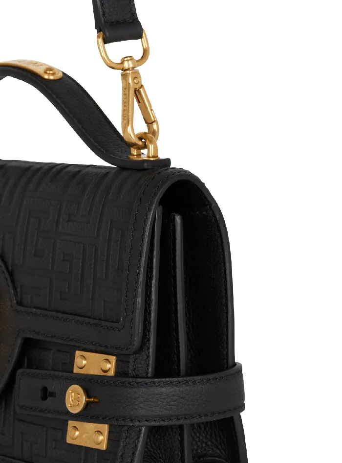 Balmain BBuzz 24 Grained Monogram Leather Shoulder Bag Black Women Handbags
