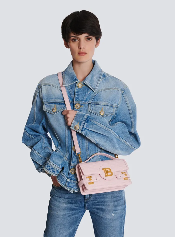 Balmain BBuzz 24 Grained Monogram Leather Shoulder Bag Pink Women Handbags