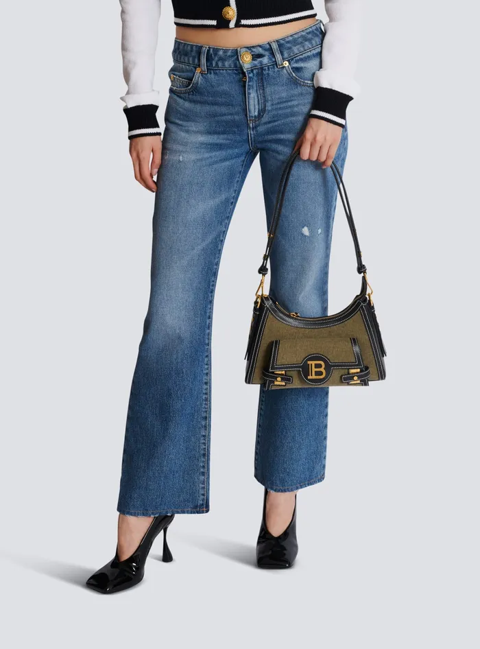 Balmain BBuzz Hobo Bag In Leather And Canvas Khaki Women Crossbody Bags