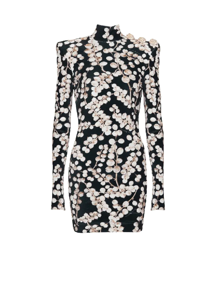 Balmain Backless Velvet Dress With Redcurrant Print Black Women Dresses