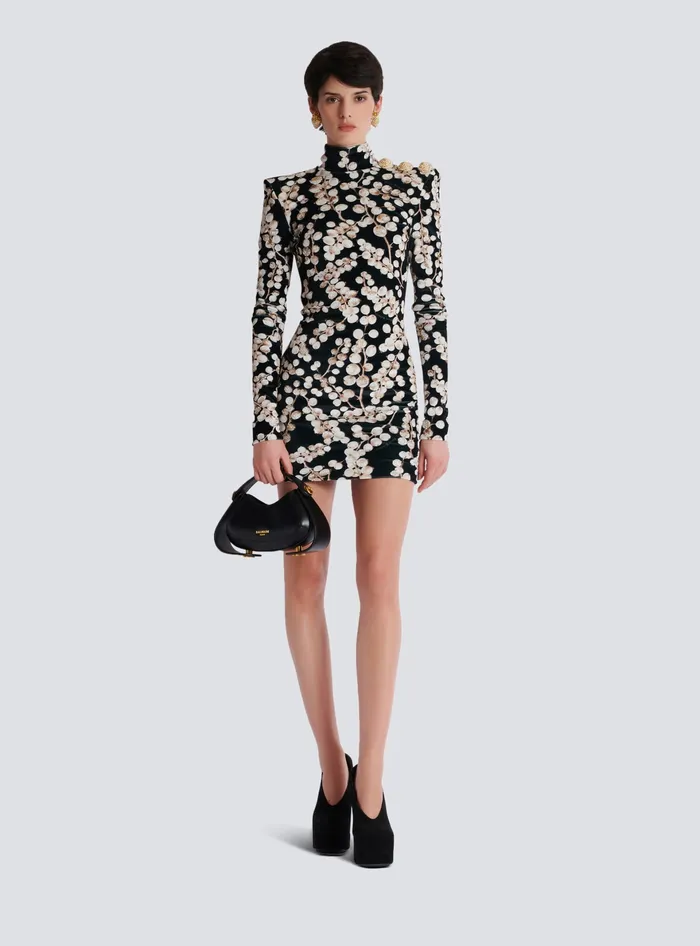 Balmain Backless Velvet Dress With Redcurrant Print Black Women Dresses