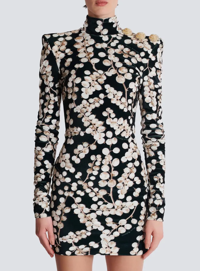 Balmain Backless Velvet Dress With Redcurrant Print Black Women Dresses