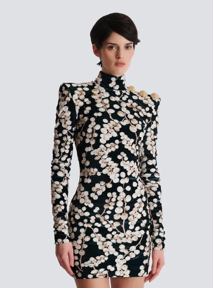 Balmain Backless Velvet Dress With Redcurrant Print Black Women Dresses