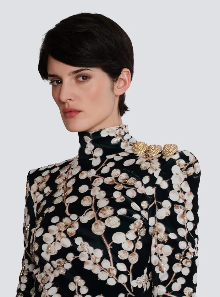 Balmain Backless Velvet Dress With Redcurrant Print Black Women Dresses