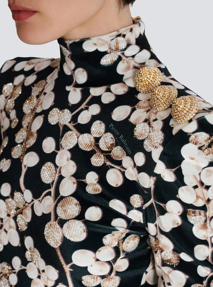 Balmain Backless Velvet Dress With Redcurrant Print Black Women Dresses