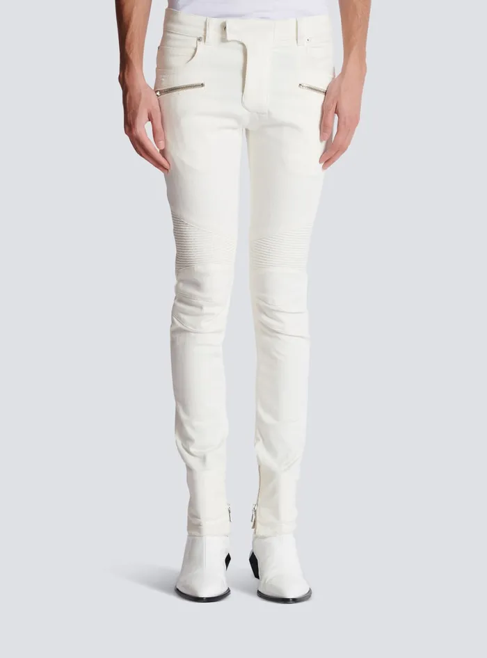 Balmain Biker Jeans In White Denim White Men Denim