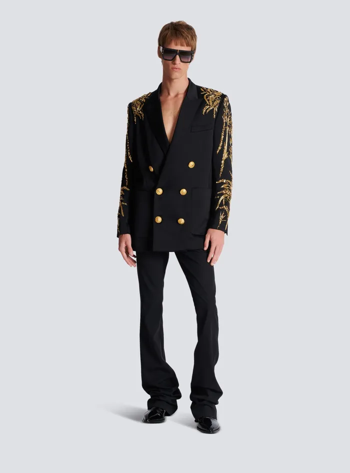Balmain Blazer With Embroidered Bamboo Sleeves Black Men Jackets And Blazers