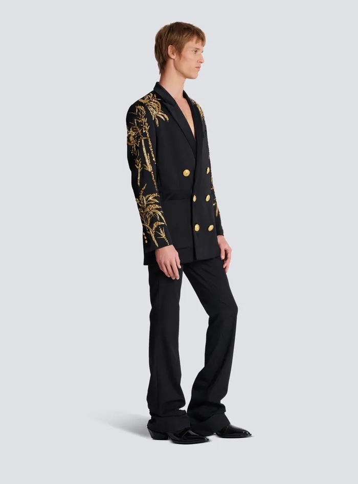 Balmain Blazer With Embroidered Bamboo Sleeves Black Men Jackets And Blazers