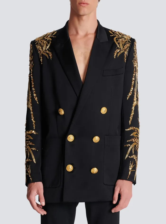 Balmain Blazer With Embroidered Bamboo Sleeves Black Men Jackets And Blazers