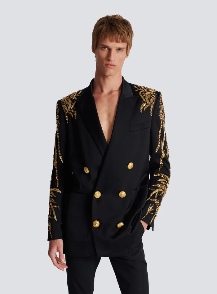 Balmain Blazer With Embroidered Bamboo Sleeves Black Men Jackets And Blazers