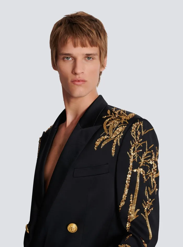 Balmain Blazer With Embroidered Bamboo Sleeves Black Men Jackets And Blazers