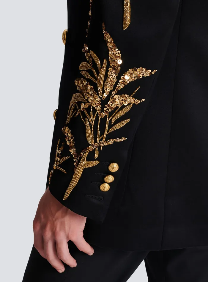 Balmain Blazer With Embroidered Bamboo Sleeves Black Men Jackets And Blazers