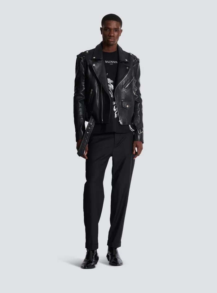 Balmain Calfskin Biker Jacket Black Men Outerwear