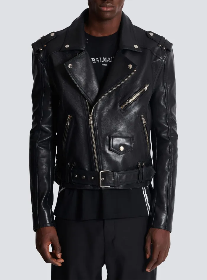 Balmain Calfskin Biker Jacket Black Men Outerwear