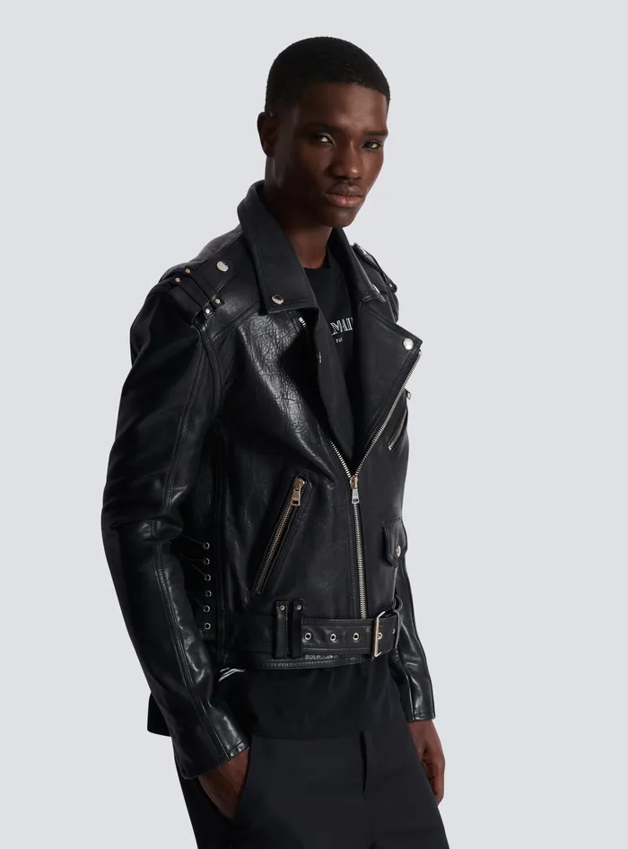 Balmain Calfskin Biker Jacket Black Men Outerwear
