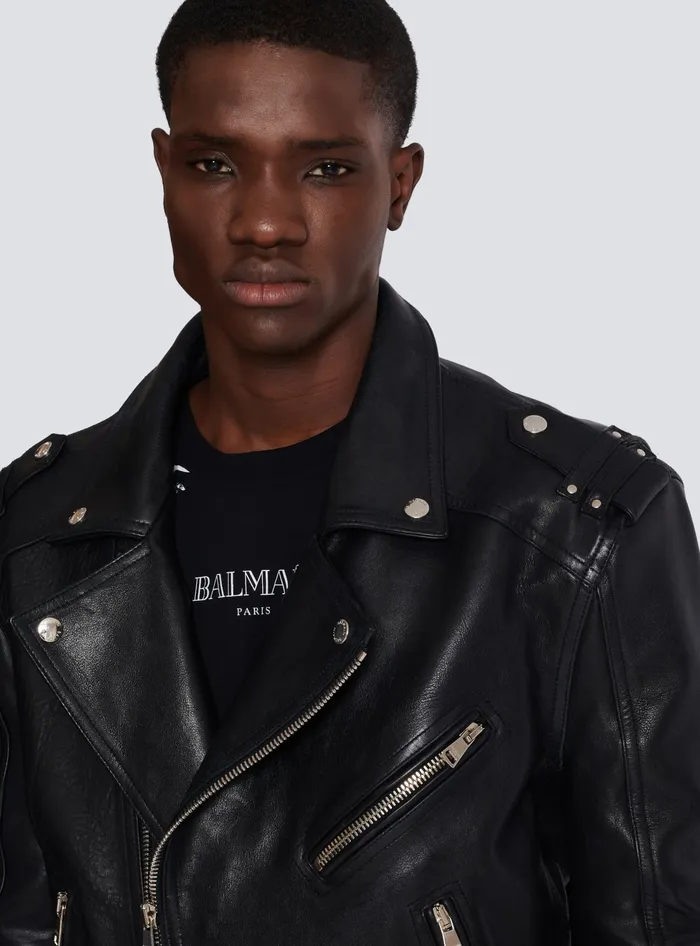 Balmain Calfskin Biker Jacket Black Men Outerwear