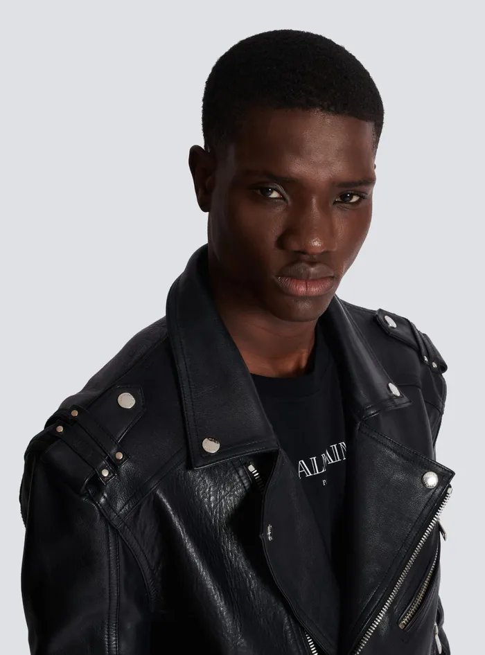 Balmain Calfskin Biker Jacket Black Men Outerwear