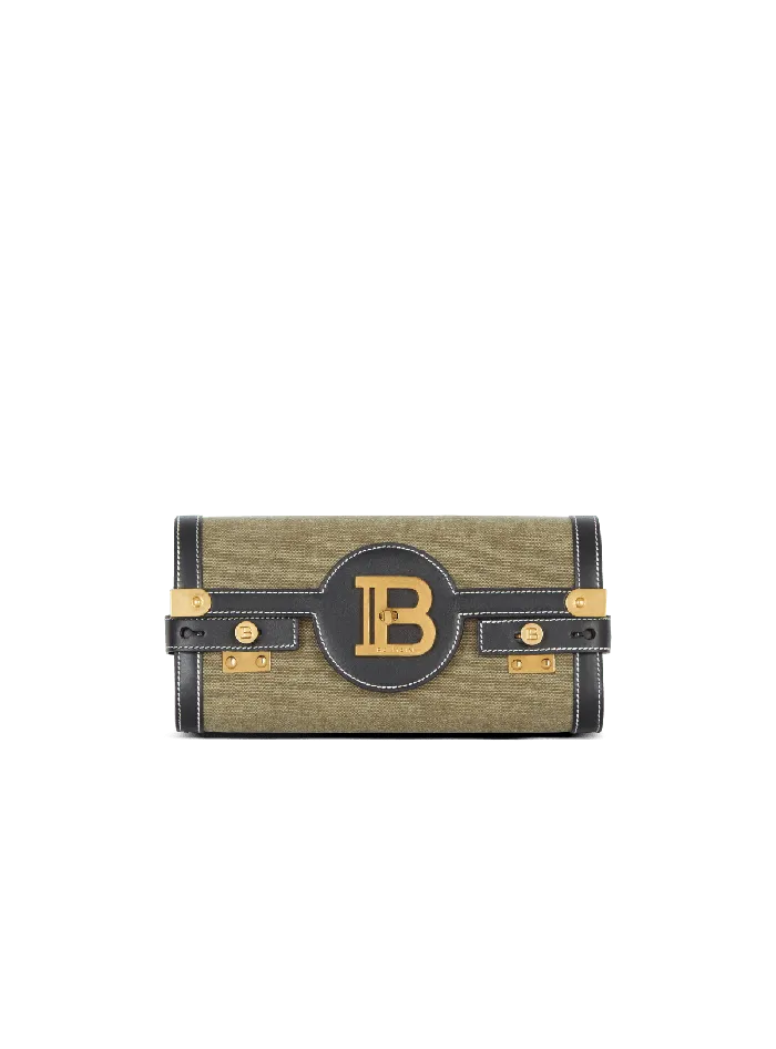 Balmain Canvas BBuzz 23 Clutch Bag With Leather Panels Khaki Women Clutches