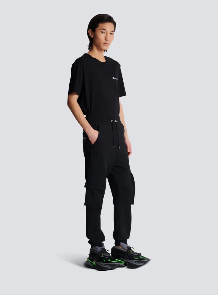 Balmain Cargo Joggers With Paris Print Black Men Trousers And Shorts