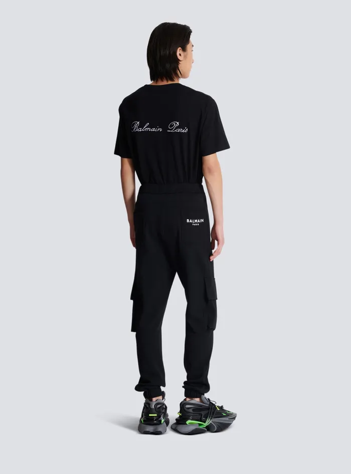 Balmain Cargo Joggers With Paris Print Black Men Trousers And Shorts