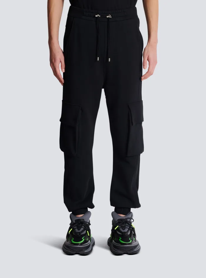 Balmain Cargo Joggers With Paris Print Black Men Trousers And Shorts
