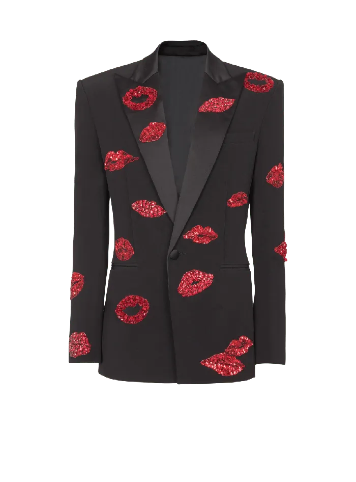 Balmain Crepe 1button Jacket With Kiss Embroidery Black Men Jackets And Blazers Balmain Crepe 1button Jacket With Kiss Embroidery Black Men Jackets And Blazers