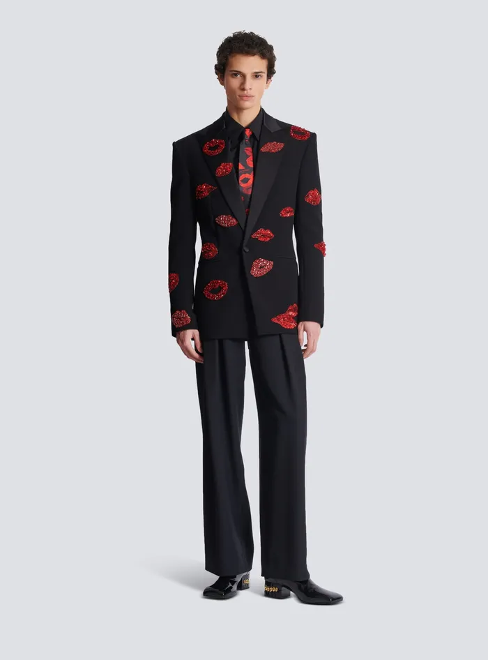 Balmain Crepe 1button Jacket With Kiss Embroidery Black Men Jackets And Blazers