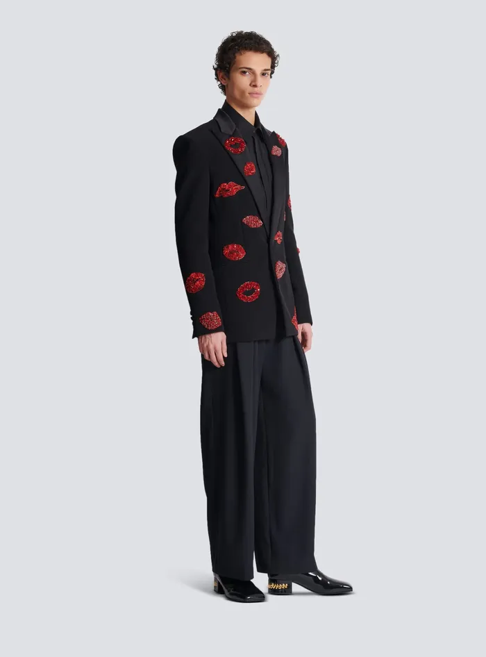 Balmain Crepe 1button Jacket With Kiss Embroidery Black Men Jackets And Blazers