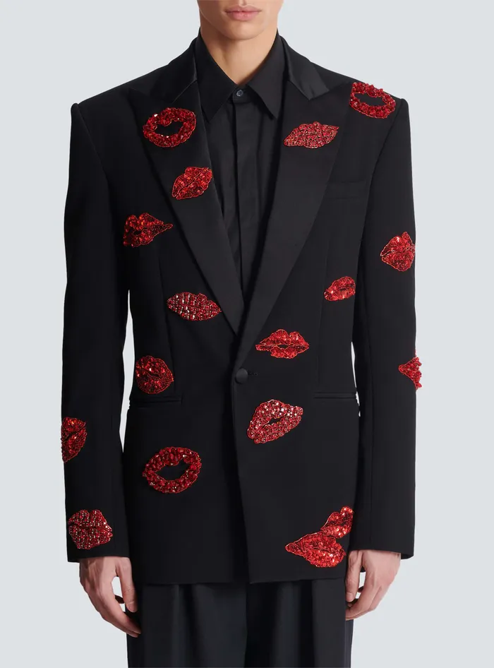Balmain Crepe 1button Jacket With Kiss Embroidery Black Men Jackets And Blazers