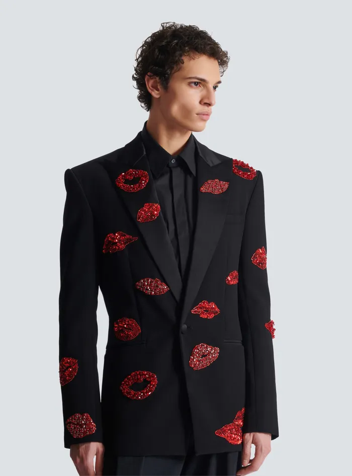 Balmain Crepe 1button Jacket With Kiss Embroidery Black Men Jackets And Blazers