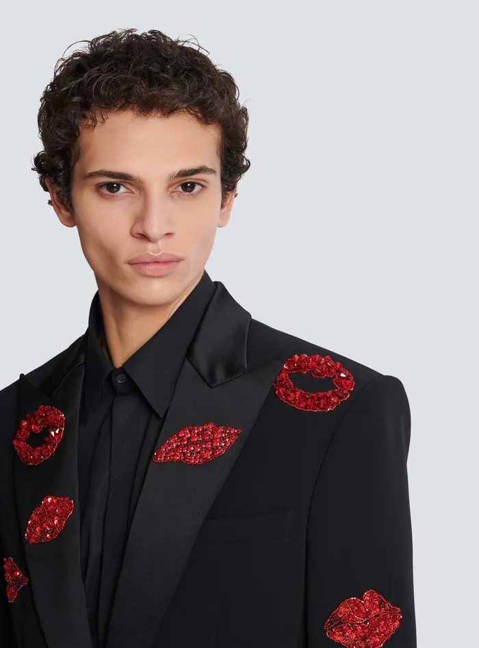 Balmain Crepe 1button Jacket With Kiss Embroidery Black Men Jackets And Blazers