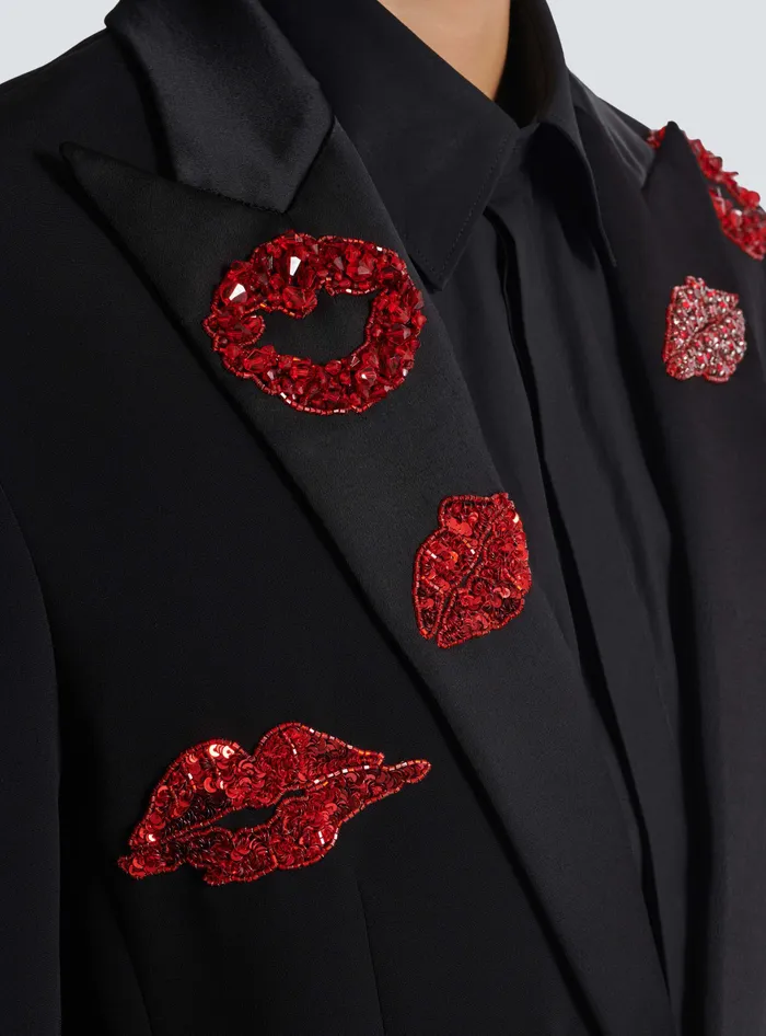 Balmain Crepe 1button Jacket With Kiss Embroidery Black Men Jackets And Blazers
