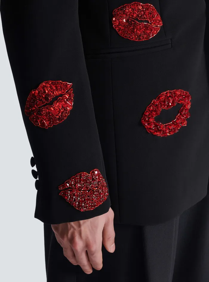 Balmain Crepe 1button Jacket With Kiss Embroidery Black Men Jackets And Blazers