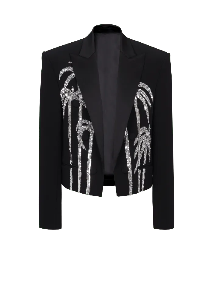 Balmain Cropped Crepe Jacket With Palm Tree Embroidery Black Men Jackets And Blazers Balmain Cropped Crepe Jacket With Palm Tree Embroidery Black Men Jackets And Blazers