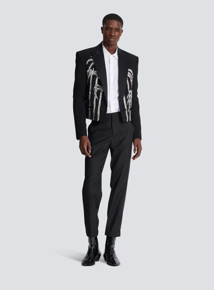Balmain Cropped Crepe Jacket With Palm Tree Embroidery Black Men Jackets And Blazers
