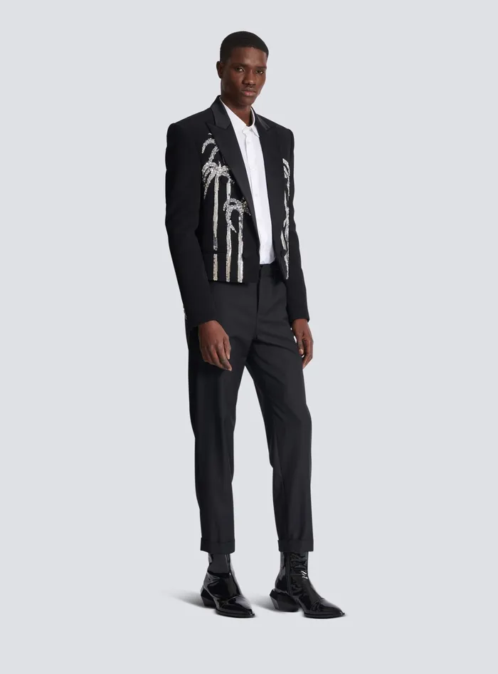 Balmain Cropped Crepe Jacket With Palm Tree Embroidery Black Men Jackets And Blazers