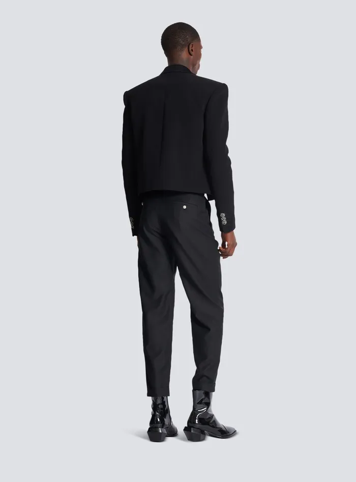 Balmain Cropped Crepe Jacket With Palm Tree Embroidery Black Men Jackets And Blazers