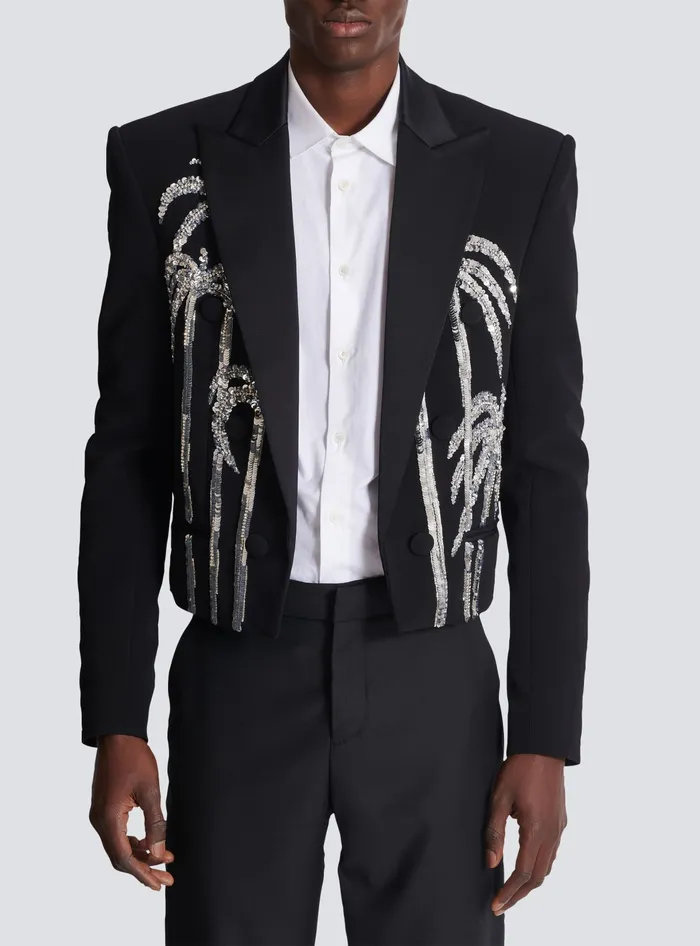 Balmain Cropped Crepe Jacket With Palm Tree Embroidery Black Men Jackets And Blazers
