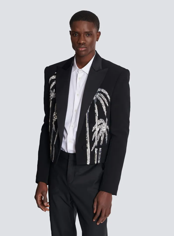 Balmain Cropped Crepe Jacket With Palm Tree Embroidery Black Men Jackets And Blazers
