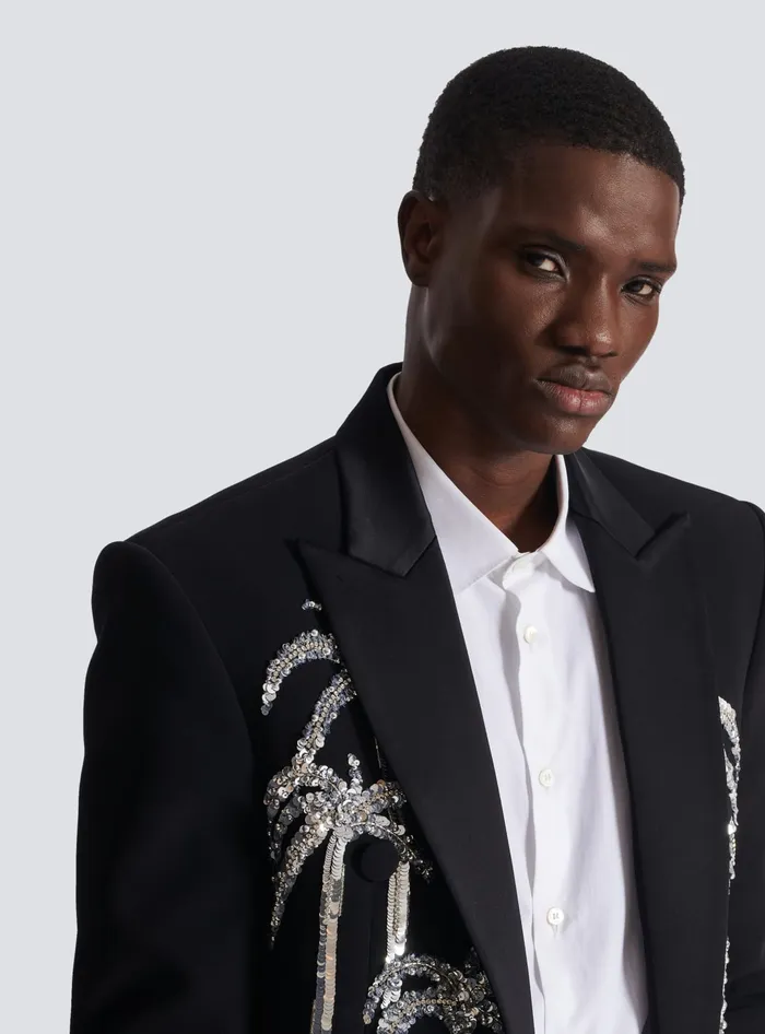 Balmain Cropped Crepe Jacket With Palm Tree Embroidery Black Men Jackets And Blazers