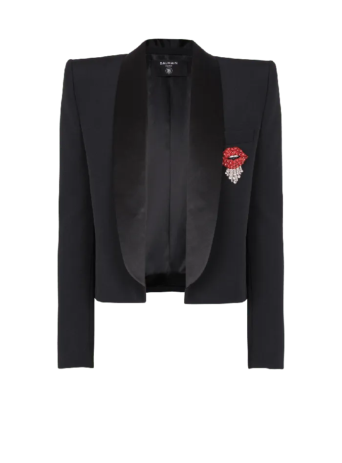 Balmain Cropped Grain De Poudre Jacket With Embroidered Patch Black Men Jackets And Blazers
