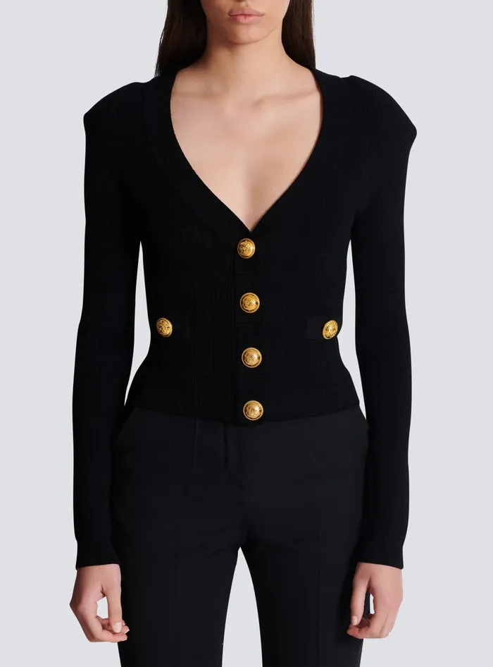 Balmain Cropped Knit Cardigan Black Women Knitwear