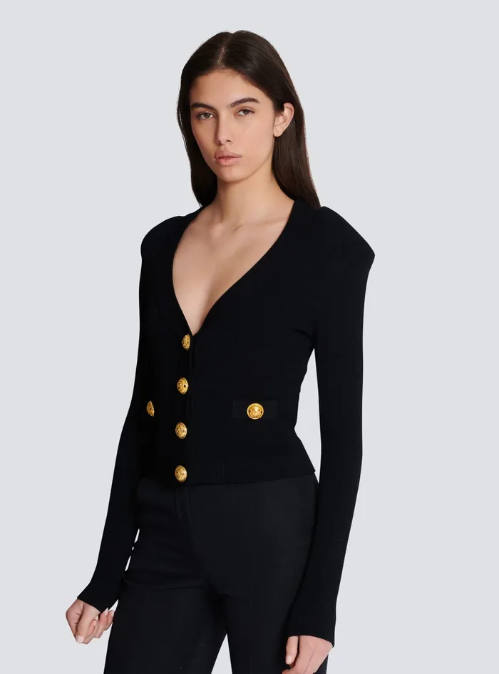 Balmain Cropped Knit Cardigan Black Women Knitwear