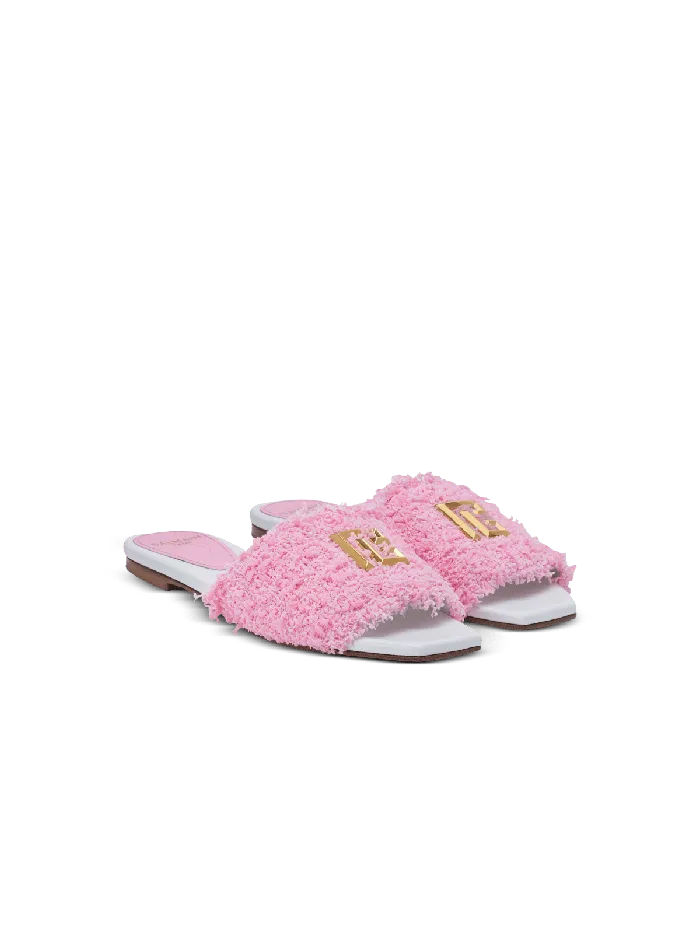Balmain Dafne Leather And Tweed Mules Pink Women Flat Shoes