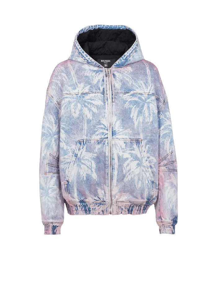 Balmain Denim Hooded Bomber Jacket With Palm Tree Print Blue Men Denim
